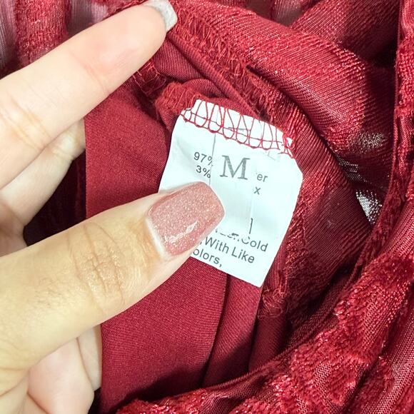 Velvet Burnout Bodysuit M Red Floral Lace Plunge V-Neck Long Sleeve Whimsygoth - Picture 9 of 9